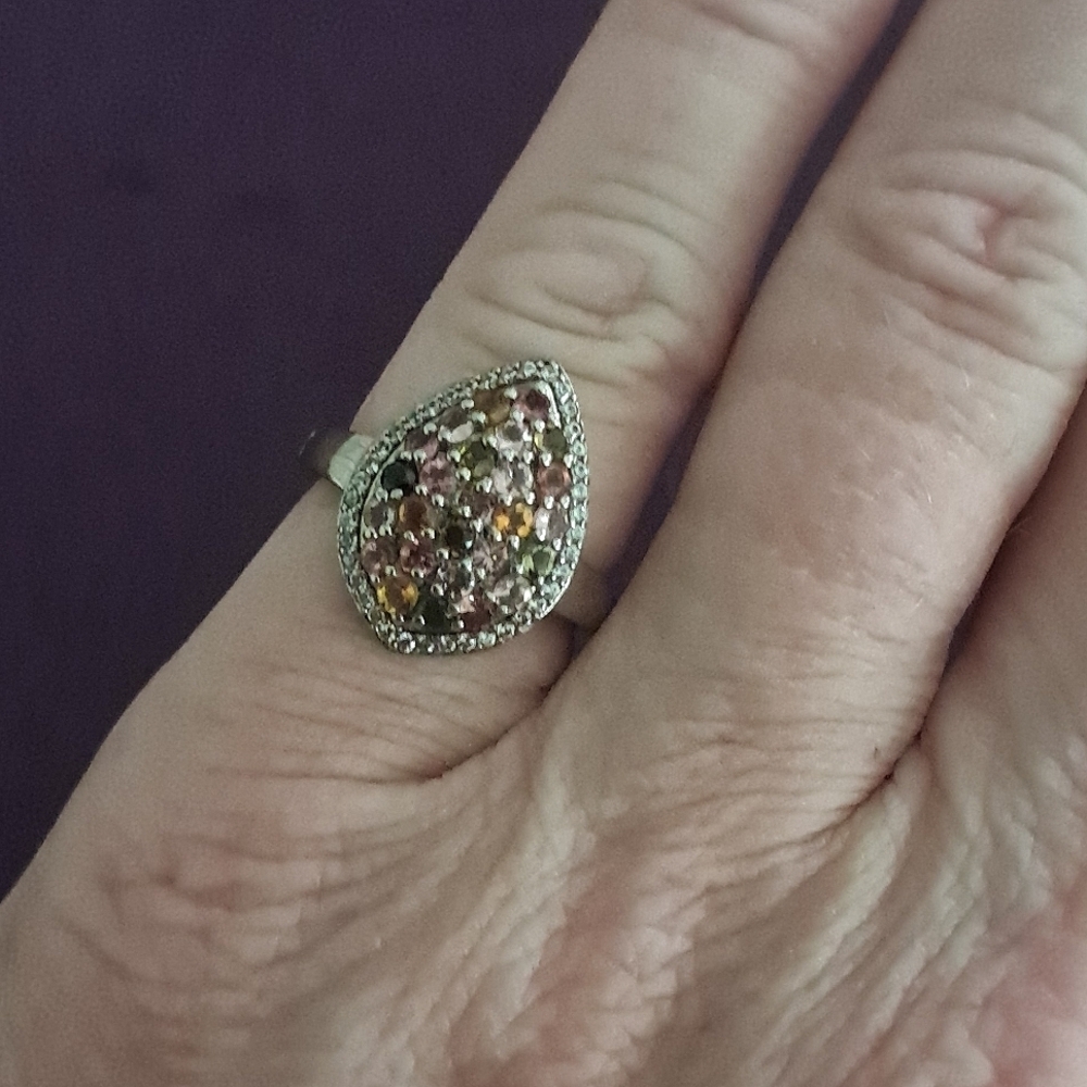 Multi-Tourmaline, White Zircon Pear Shape Cluster Ring in 925 Sterling Silver - Picture 3 of 7